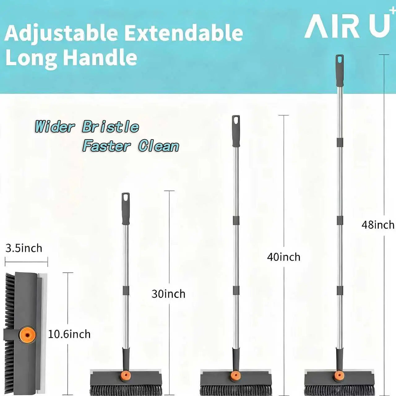 AIR U 3-in-1 Floor Scrub Brush with Long Handle – Scrub & Squeegee Cleaner